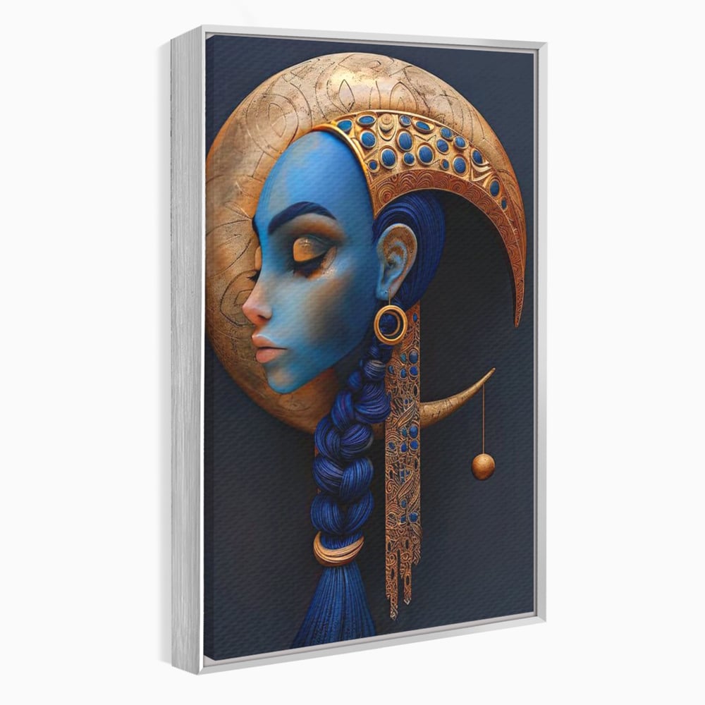 Tablou canvas cu tablou canvas portret de femeie albastra, in rama de aluminiu argintiu